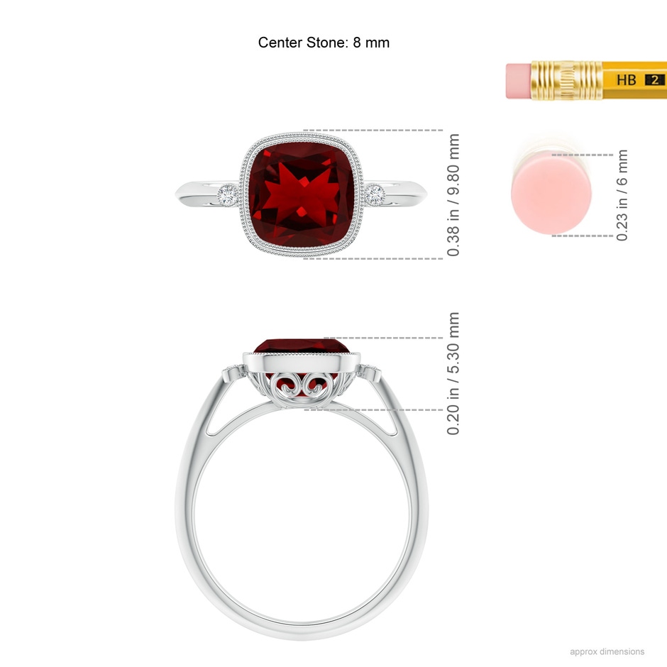 8mm AAAA Bezel Set Cushion Garnet Ring with Milgrain Detailing in White Gold ruler