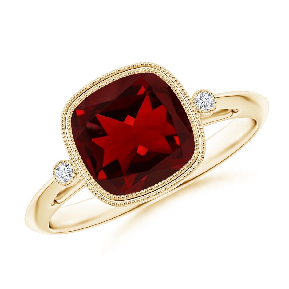 8mm AAAA Bezel Set Cushion Garnet Ring with Milgrain Detailing in Yellow Gold 