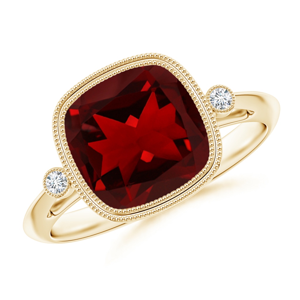 9mm AAAA Bezel Set Cushion Garnet Ring with Milgrain Detailing in Yellow Gold