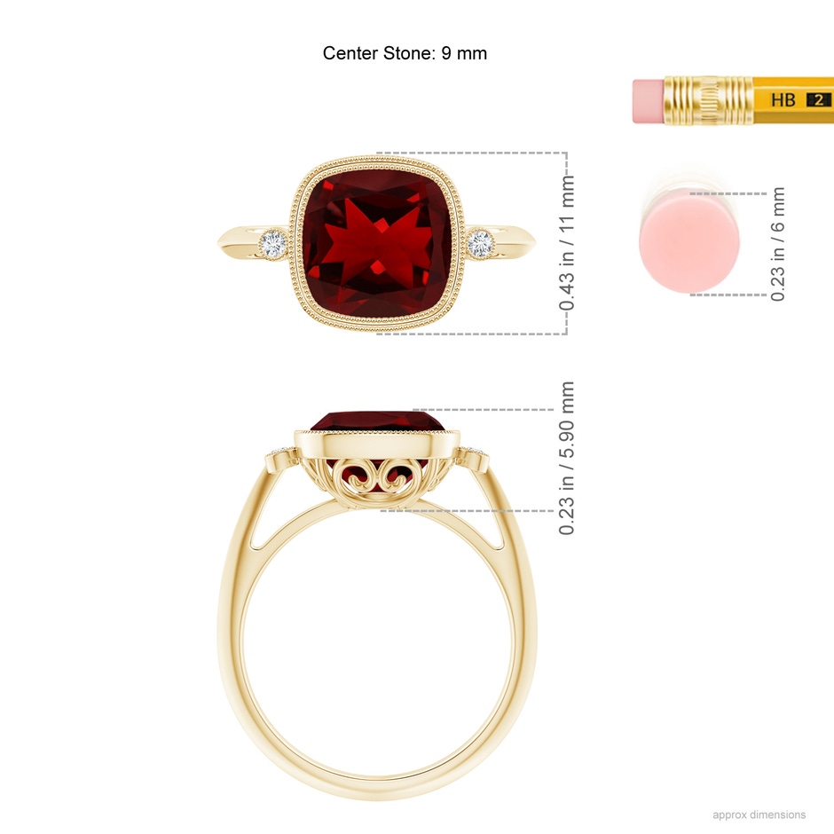 9mm AAAA Bezel Set Cushion Garnet Ring with Milgrain Detailing in Yellow Gold ruler