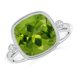 10mm AAAA Bezel Set Cushion Peridot Ring with Milgrain Detailing in P950 Platinum