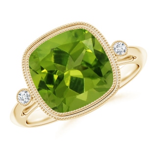 10mm AAAA Bezel Set Cushion Peridot Ring with Milgrain Detailing in Yellow Gold