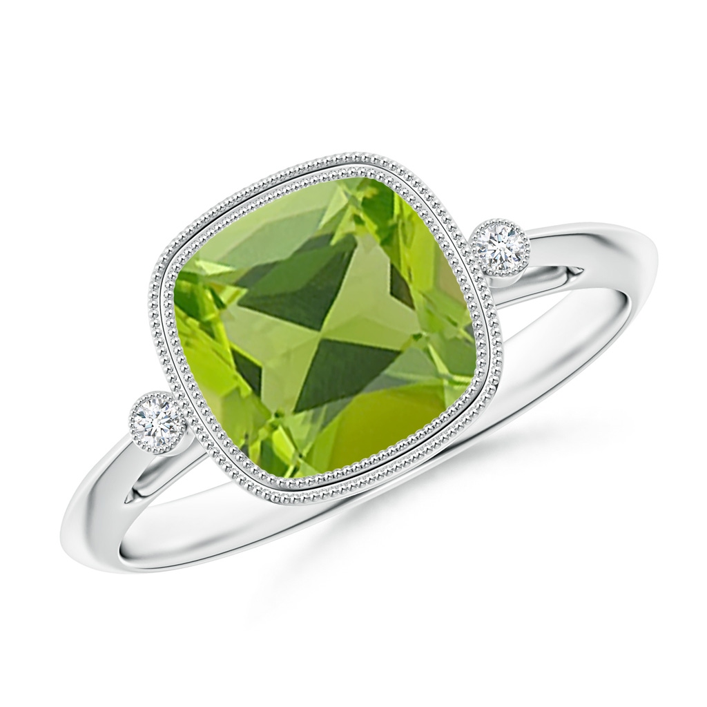 8mm AAA Bezel Set Cushion Peridot Ring with Milgrain Detailing in White Gold