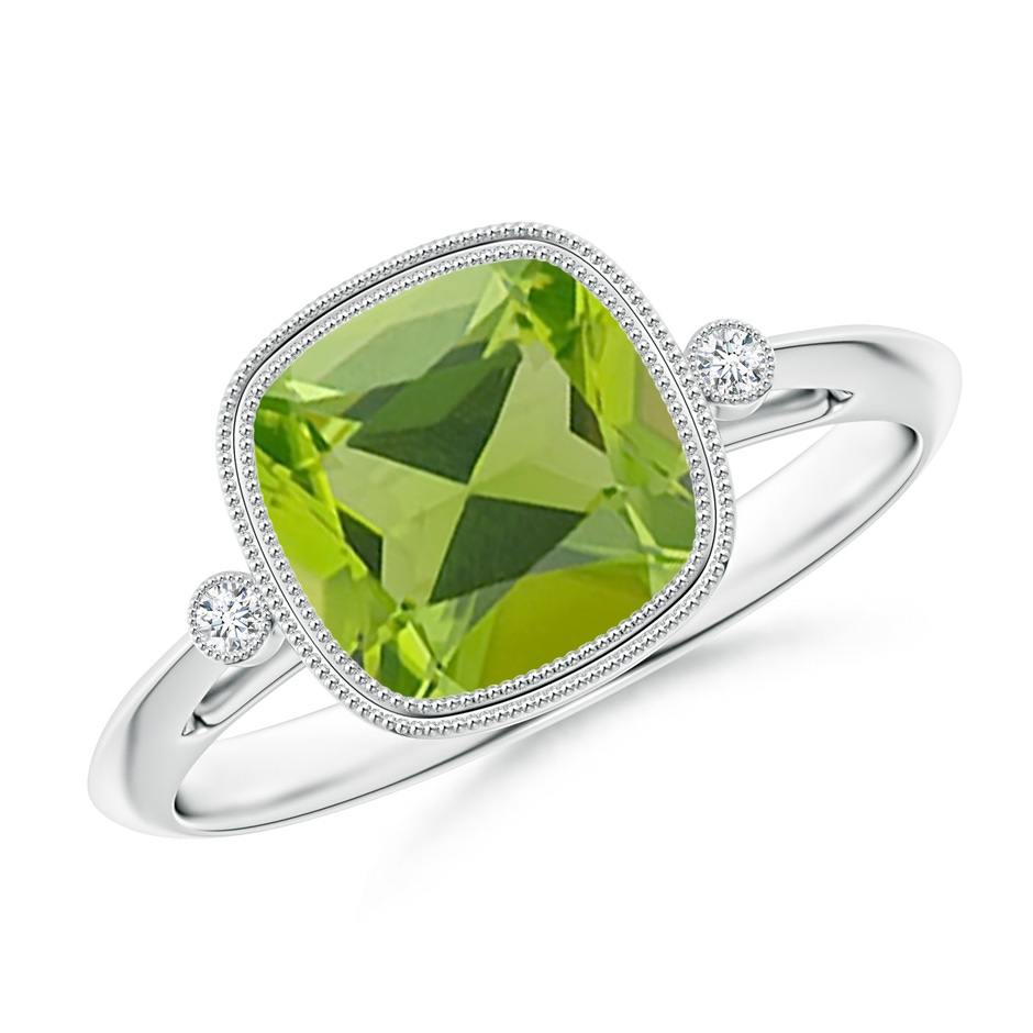 8mm AAA Bezel Set Cushion Peridot Ring with Milgrain Detailing in White Gold 