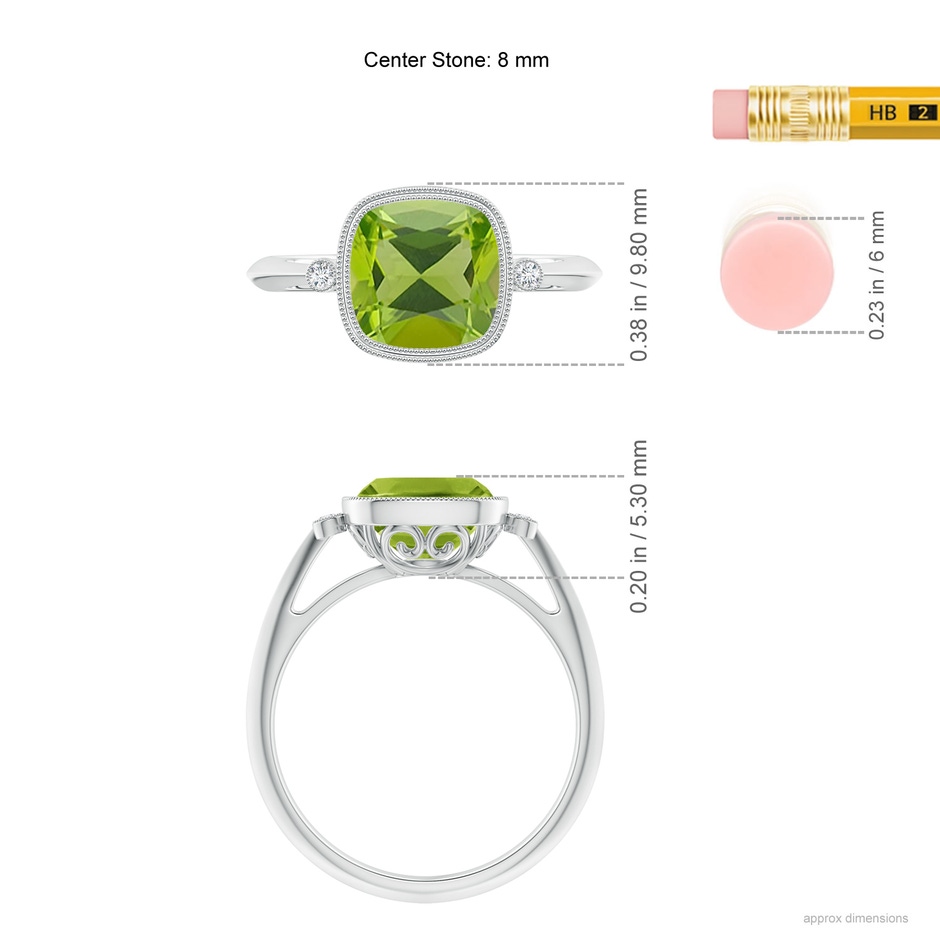 8mm AAA Bezel Set Cushion Peridot Ring with Milgrain Detailing in White Gold ruler