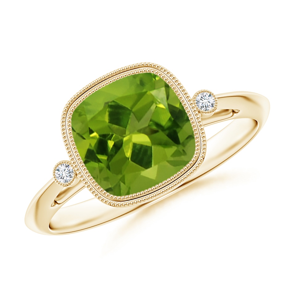 8mm AAAA Bezel Set Cushion Peridot Ring with Milgrain Detailing in Yellow Gold 