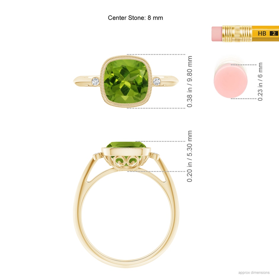 8mm AAAA Bezel Set Cushion Peridot Ring with Milgrain Detailing in Yellow Gold ruler