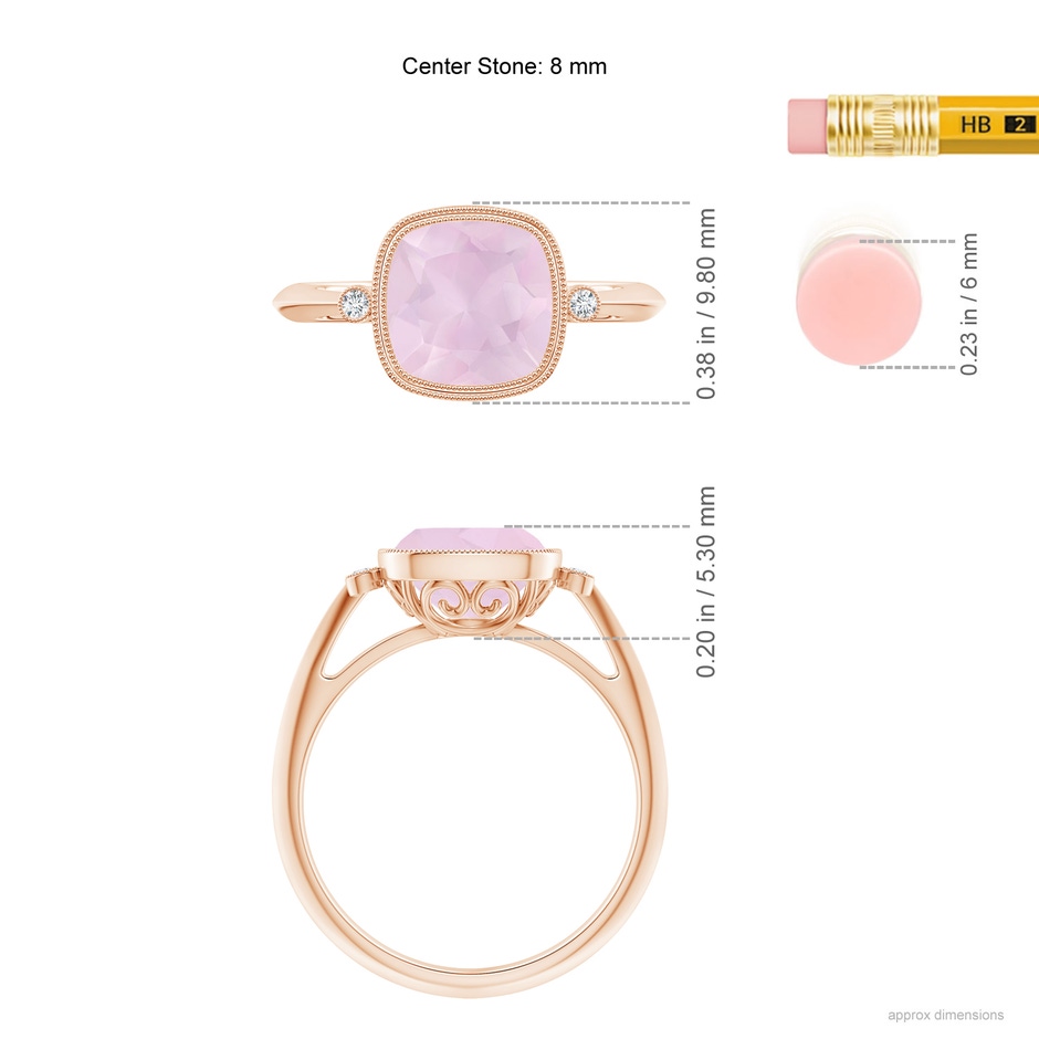 8mm AA Bezel Set Cushion Rose Quartz Ring with Milgrain Detailing in Rose Gold ruler
