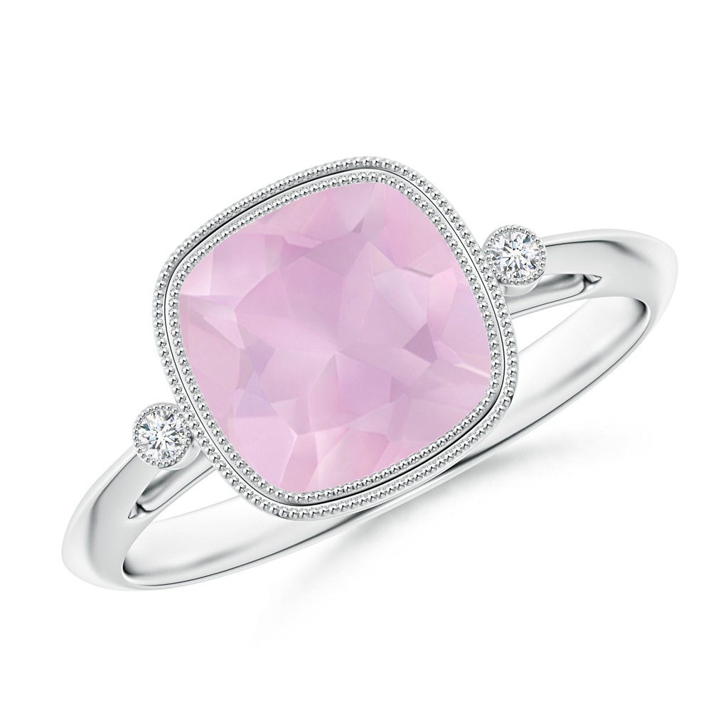 8mm AAA Bezel Set Cushion Rose Quartz Ring with Milgrain Detailing in White Gold