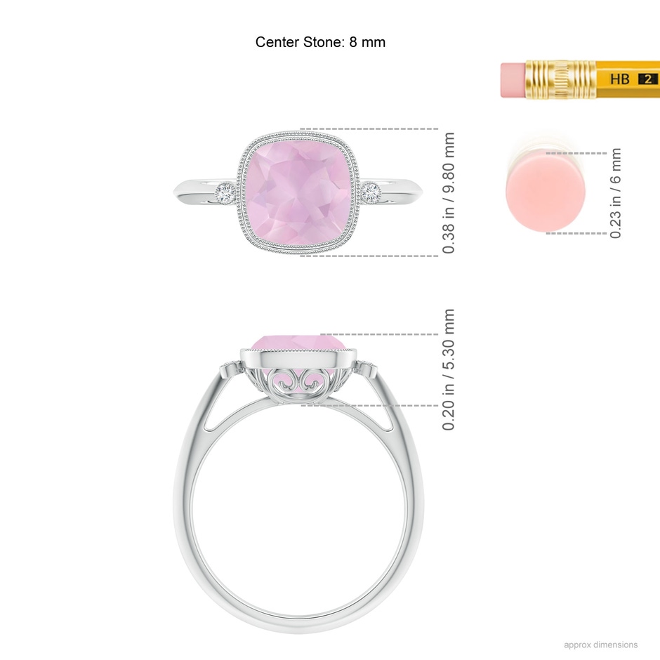 8mm AAA Bezel Set Cushion Rose Quartz Ring with Milgrain Detailing in White Gold ruler