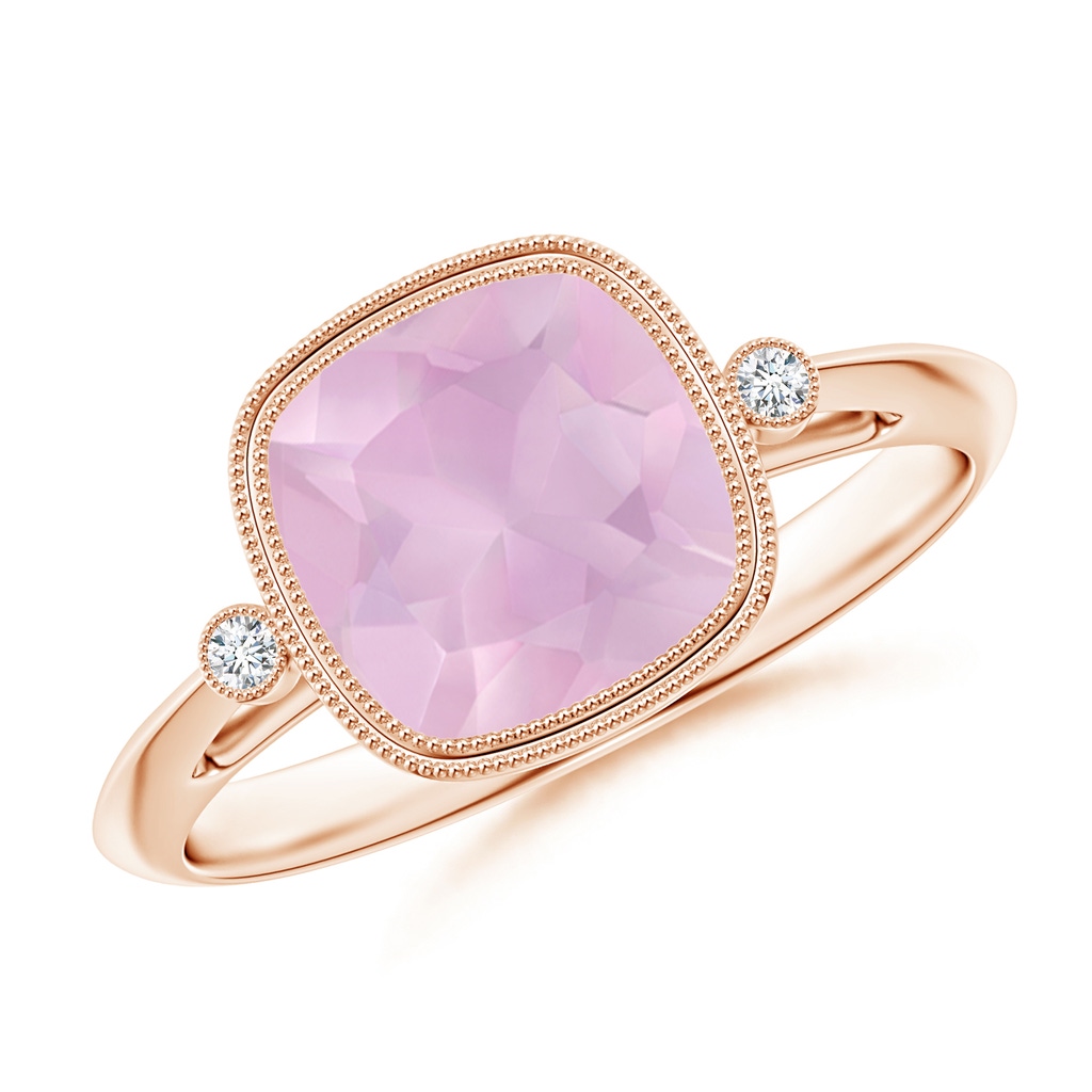 8mm AAAA Bezel Set Cushion Rose Quartz Ring with Milgrain Detailing in Rose Gold