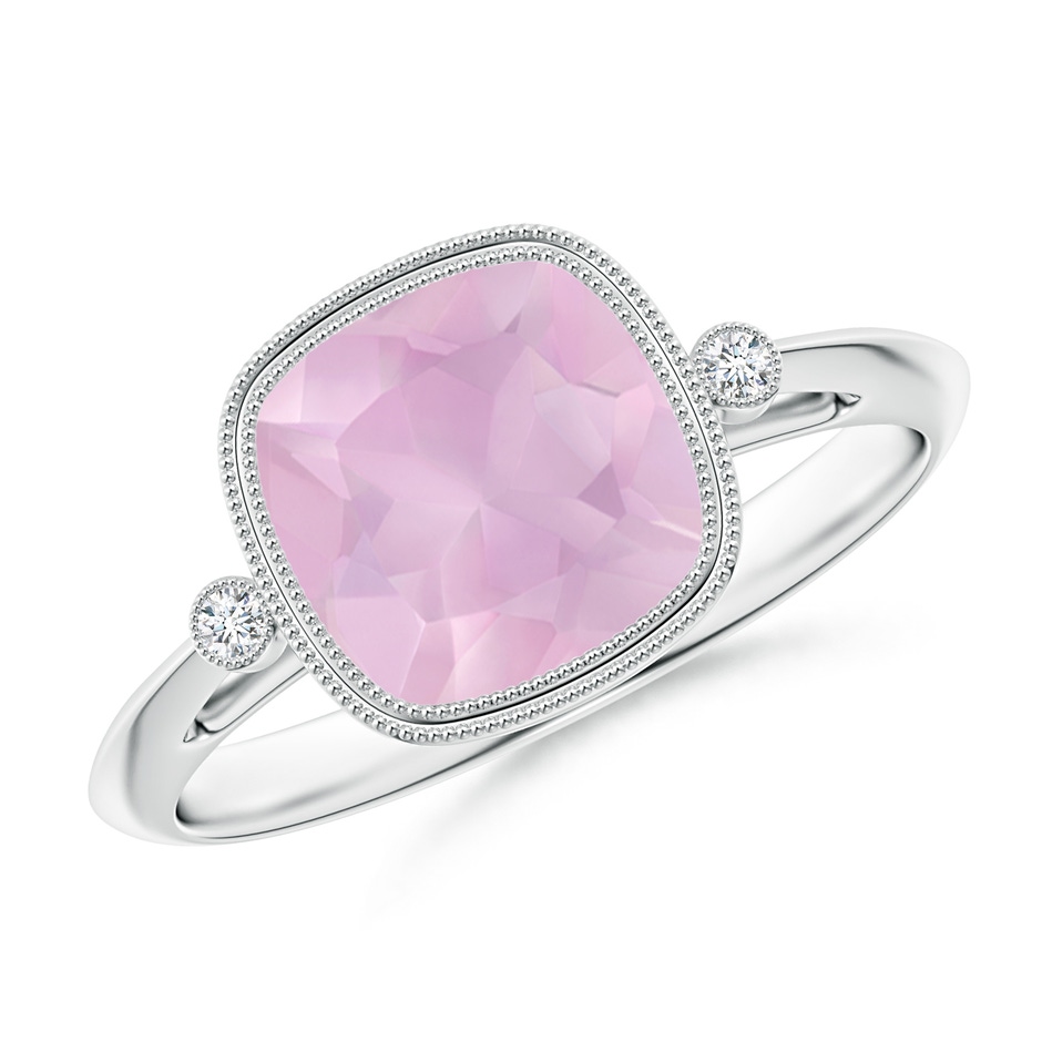 8mm AAAA Bezel Set Cushion Rose Quartz Ring with Milgrain Detailing in White Gold 