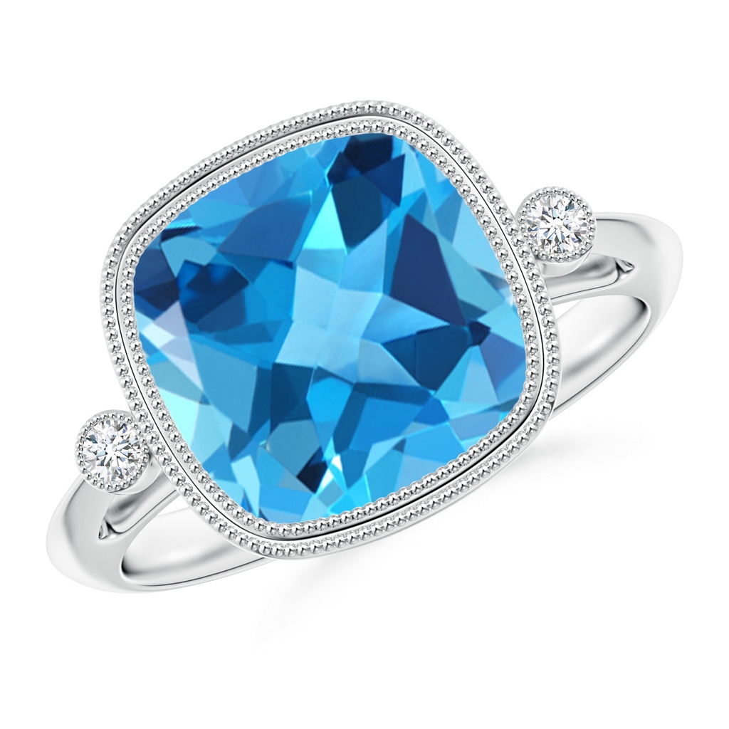 10mm AAA Bezel Set Cushion Swiss Blue Topaz Ring with Milgrain Detailing in White Gold 