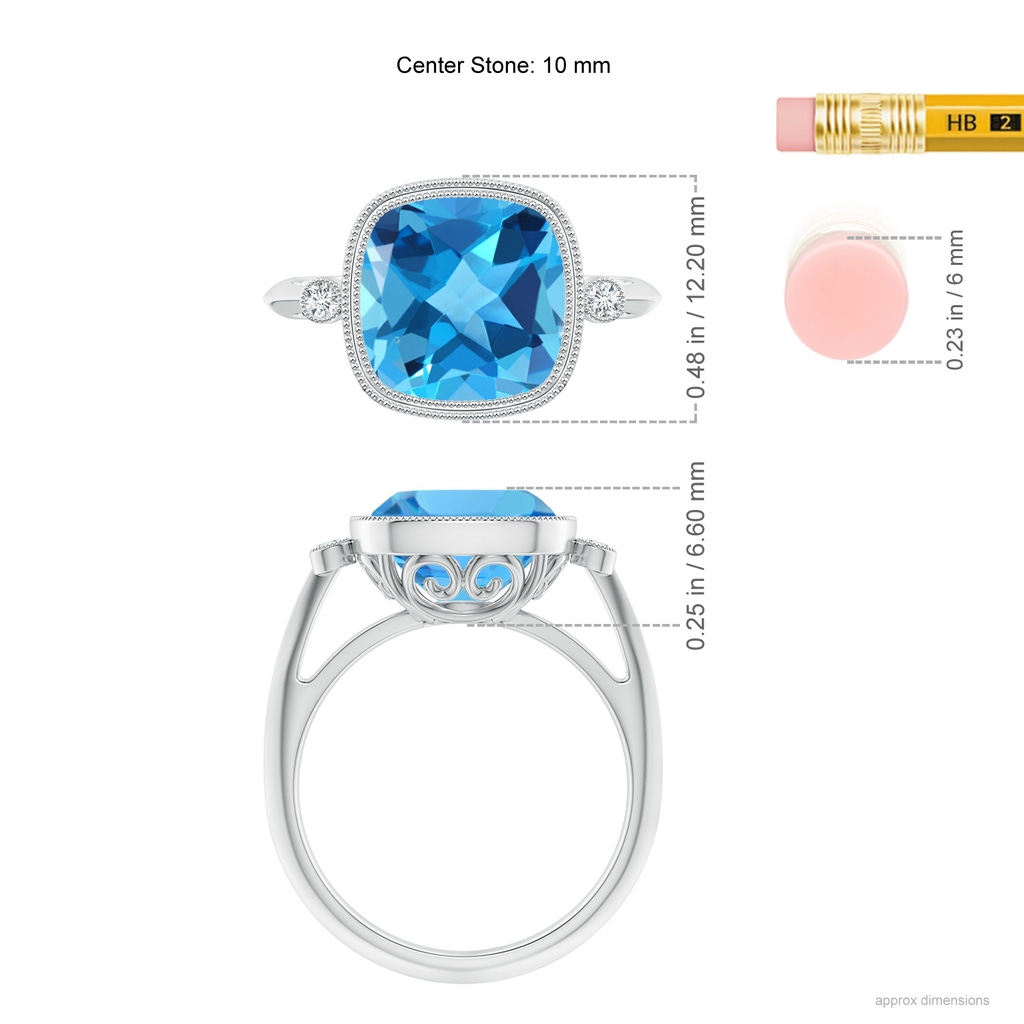 10mm AAA Bezel Set Cushion Swiss Blue Topaz Ring with Milgrain Detailing in White Gold Ruler