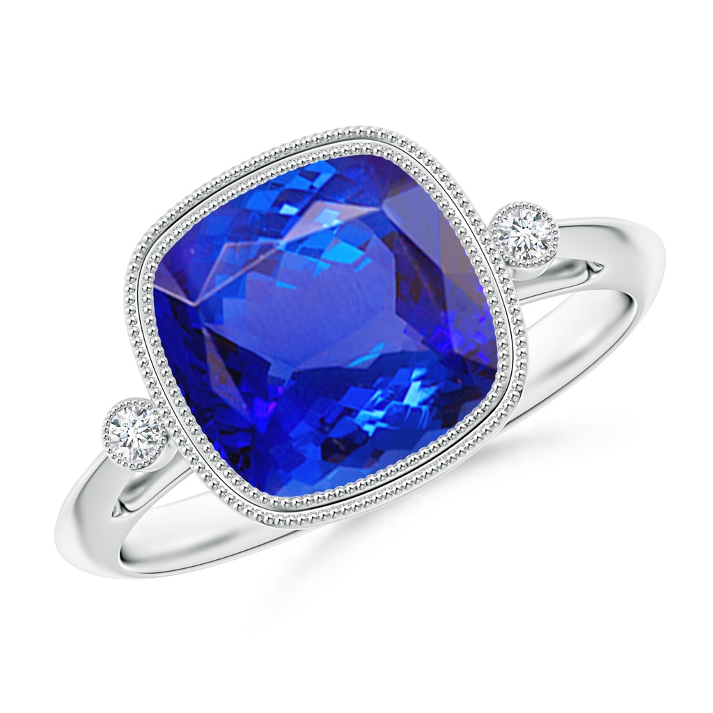 9mm AAA Bezel Set Cushion Tanzanite Ring with Milgrain Detailing in White Gold