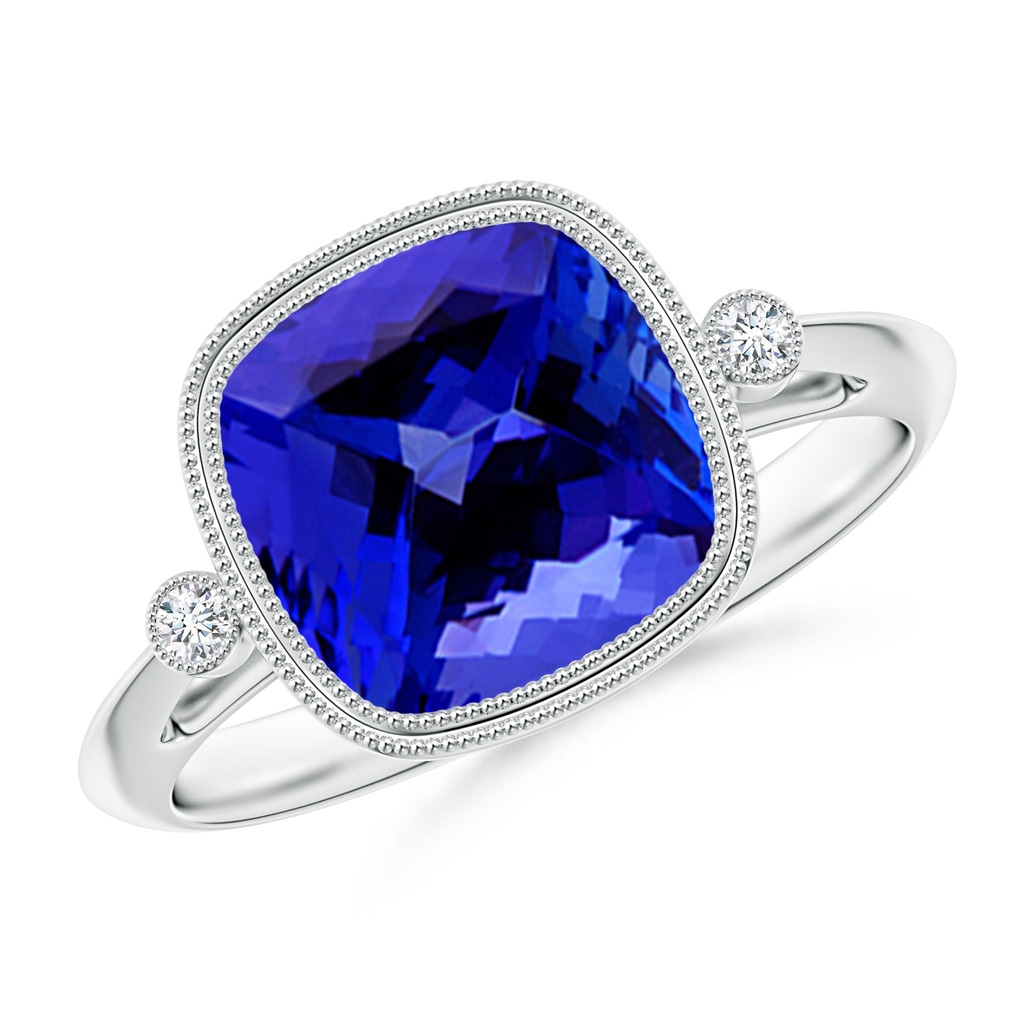 9mm AAAA Bezel Set Cushion Tanzanite Ring with Milgrain Detailing in White Gold