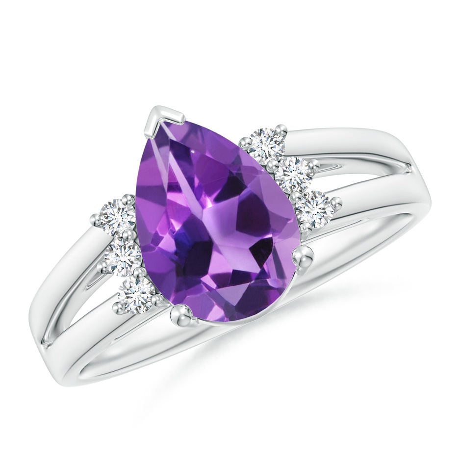 10x7mm AAA Pear Amethyst Ring with Triple Diamond Accents in White Gold 