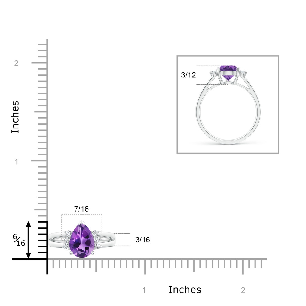 10x7mm AAA Pear Amethyst Ring with Triple Diamond Accents in White Gold Ruler