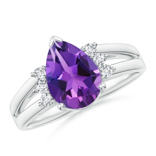 10x7mm AAAA Pear Amethyst Ring with Triple Diamond Accents in P950 Platinum
