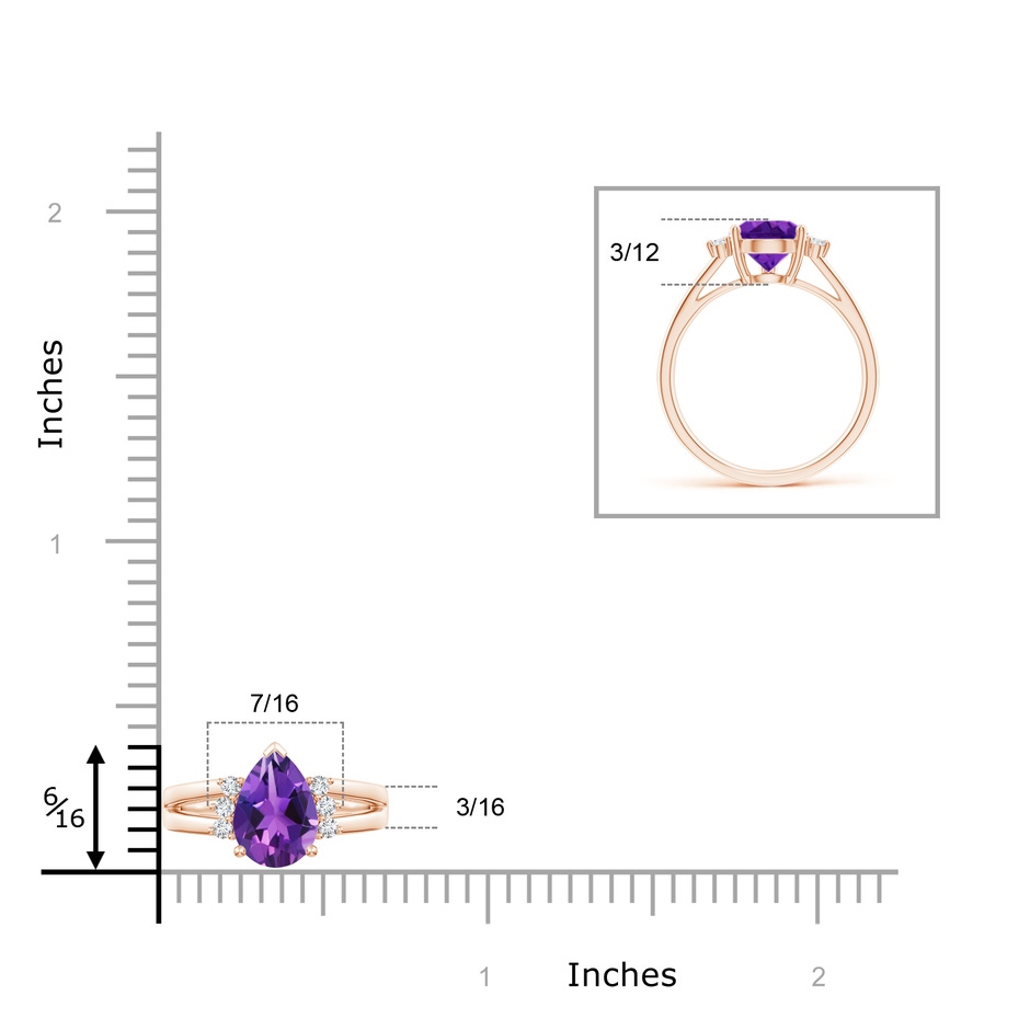 10x7mm AAAA Pear Amethyst Ring with Triple Diamond Accents in Rose Gold ruler