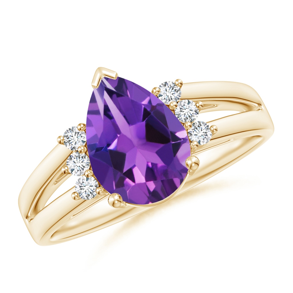 10x7mm AAAA Pear Amethyst Ring with Triple Diamond Accents in Yellow Gold