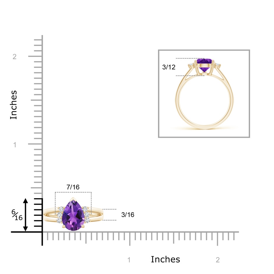 10x7mm AAAA Pear Amethyst Ring with Triple Diamond Accents in Yellow Gold ruler