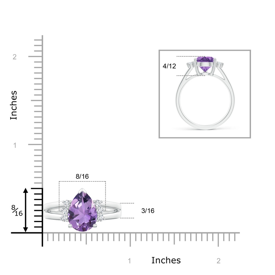 12x8mm A Pear Amethyst Ring with Triple Diamond Accents in White Gold ruler