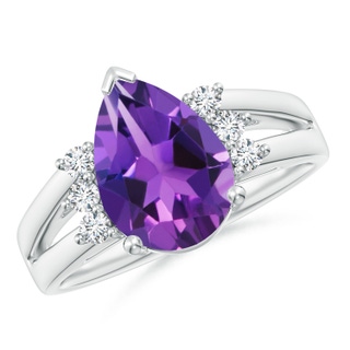 12x8mm AAAA Pear Amethyst Ring with Triple Diamond Accents in P950 Platinum