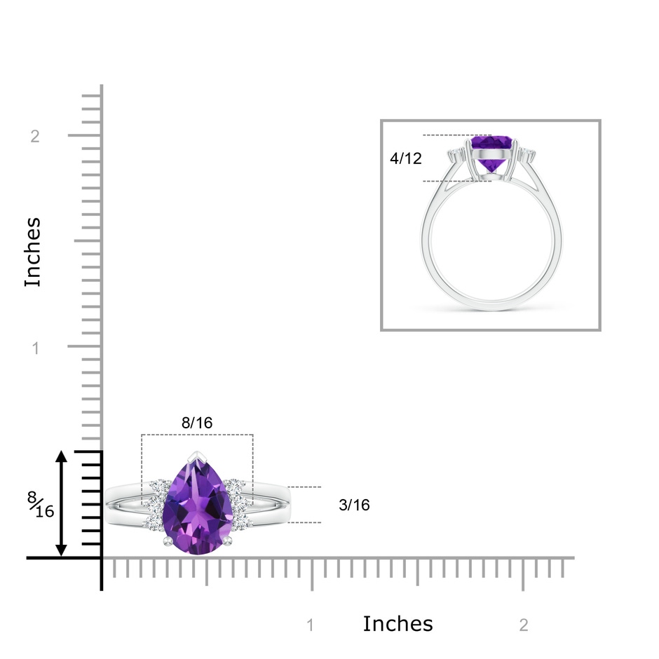 12x8mm AAAA Pear Amethyst Ring with Triple Diamond Accents in P950 Platinum ruler
