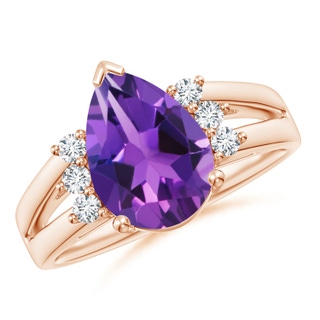 12x8mm AAAA Pear Amethyst Ring with Triple Diamond Accents in Rose Gold