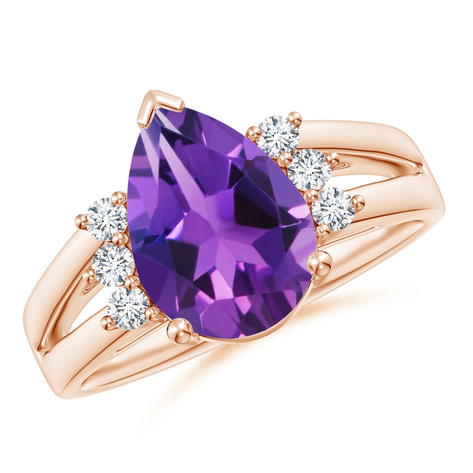 12x8mm AAAA Pear Amethyst Ring with Triple Diamond Accents in Rose Gold 