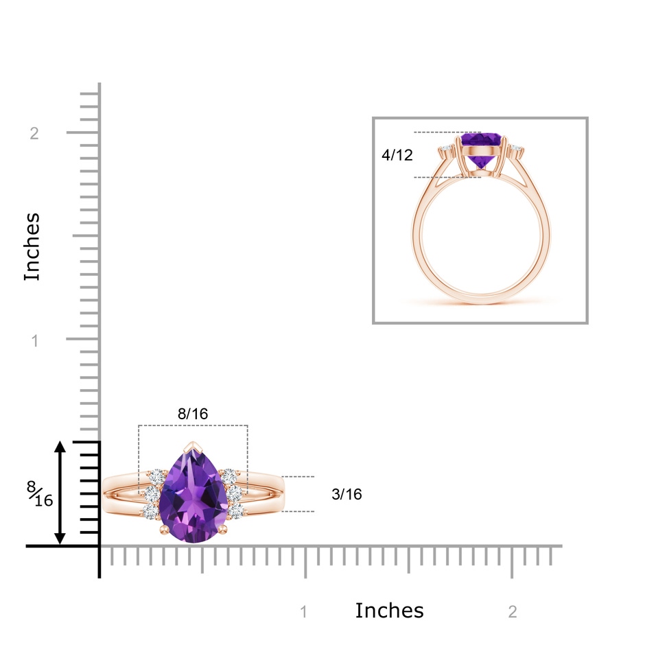 12x8mm AAAA Pear Amethyst Ring with Triple Diamond Accents in Rose Gold ruler