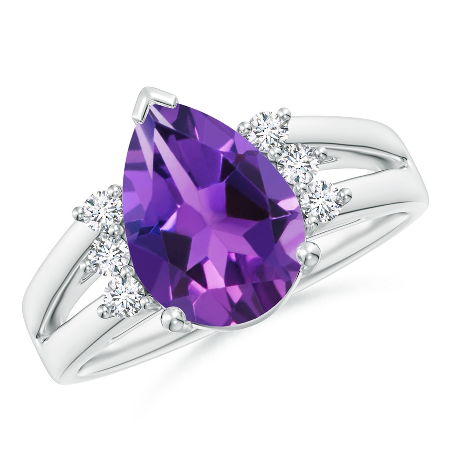 12x8mm AAAA Pear Amethyst Ring with Triple Diamond Accents in White Gold 
