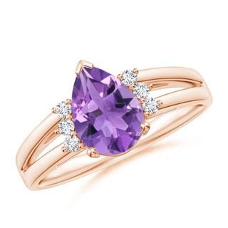 9x6mm AA Pear Amethyst Ring with Triple Diamond Accents in 9K Rose Gold