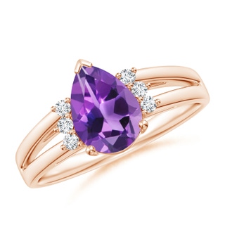 9x6mm AAA Pear Amethyst Ring with Triple Diamond Accents in 9K Rose Gold
