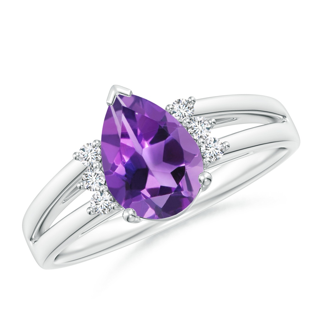 9x6mm AAA Pear Amethyst Ring with Triple Diamond Accents in White Gold