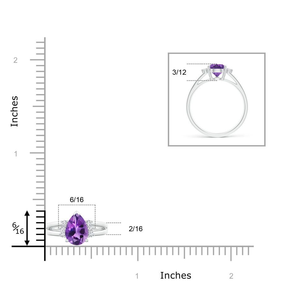 9x6mm AAA Pear Amethyst Ring with Triple Diamond Accents in White Gold ruler