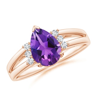 9x6mm AAAA Pear Amethyst Ring with Triple Diamond Accents in 9K Rose Gold