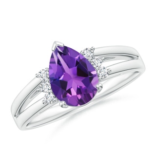 9x6mm AAAA Pear Amethyst Ring with Triple Diamond Accents in P950 Platinum