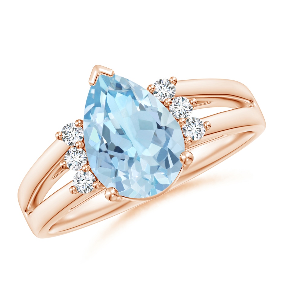 10x7mm AAA Pear Aquamarine Ring with Triple Diamond Accents in Rose Gold 