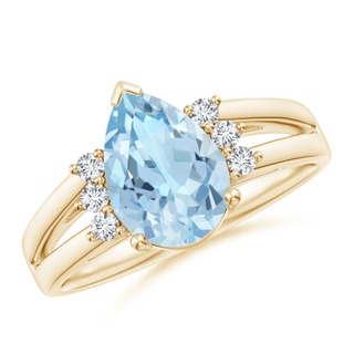 10x7mm AAA Pear Aquamarine Ring with Triple Diamond Accents in Yellow Gold