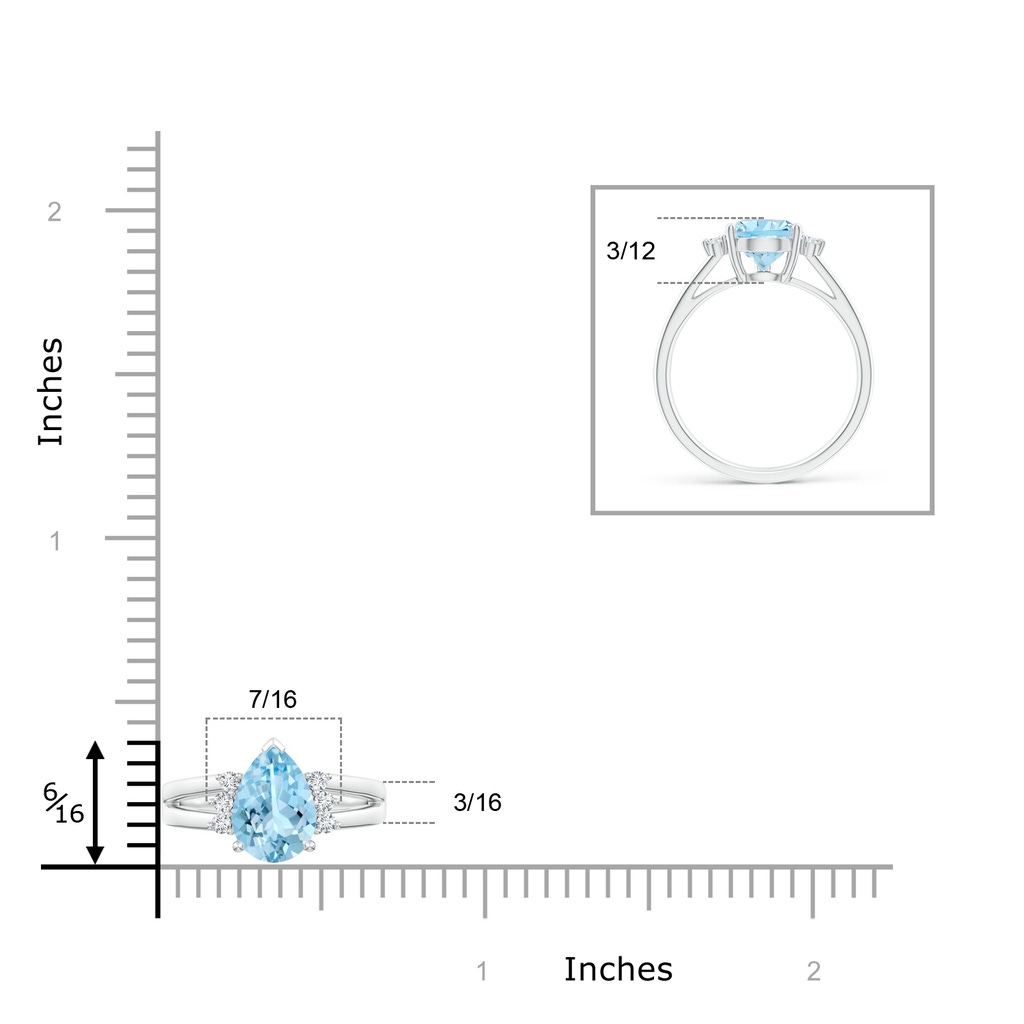 10x7mm AAAA Pear Aquamarine Ring with Triple Diamond Accents in P950 Platinum Ruler