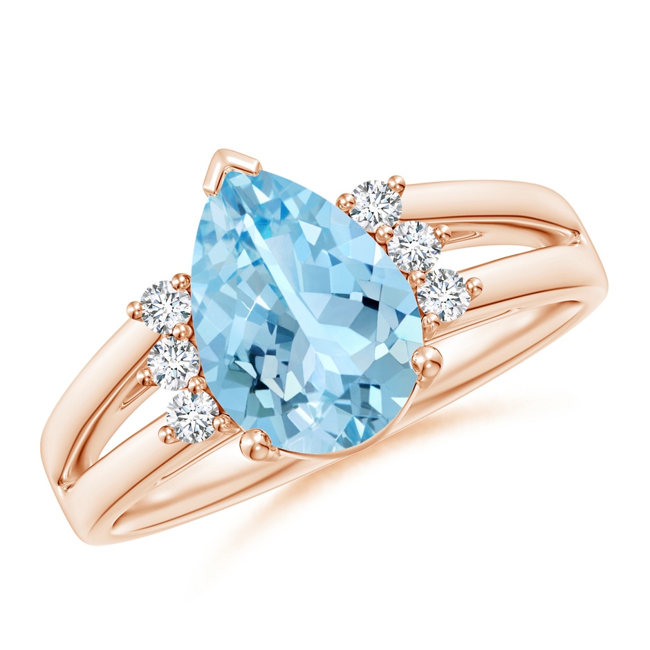10x7mm AAAA Pear Aquamarine Ring with Triple Diamond Accents in Rose Gold 