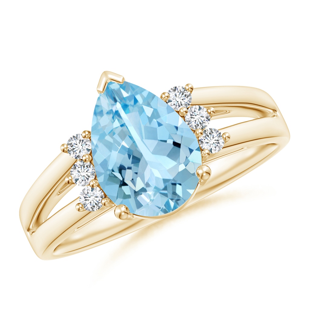 10x7mm AAAA Pear Aquamarine Ring with Triple Diamond Accents in Yellow Gold
