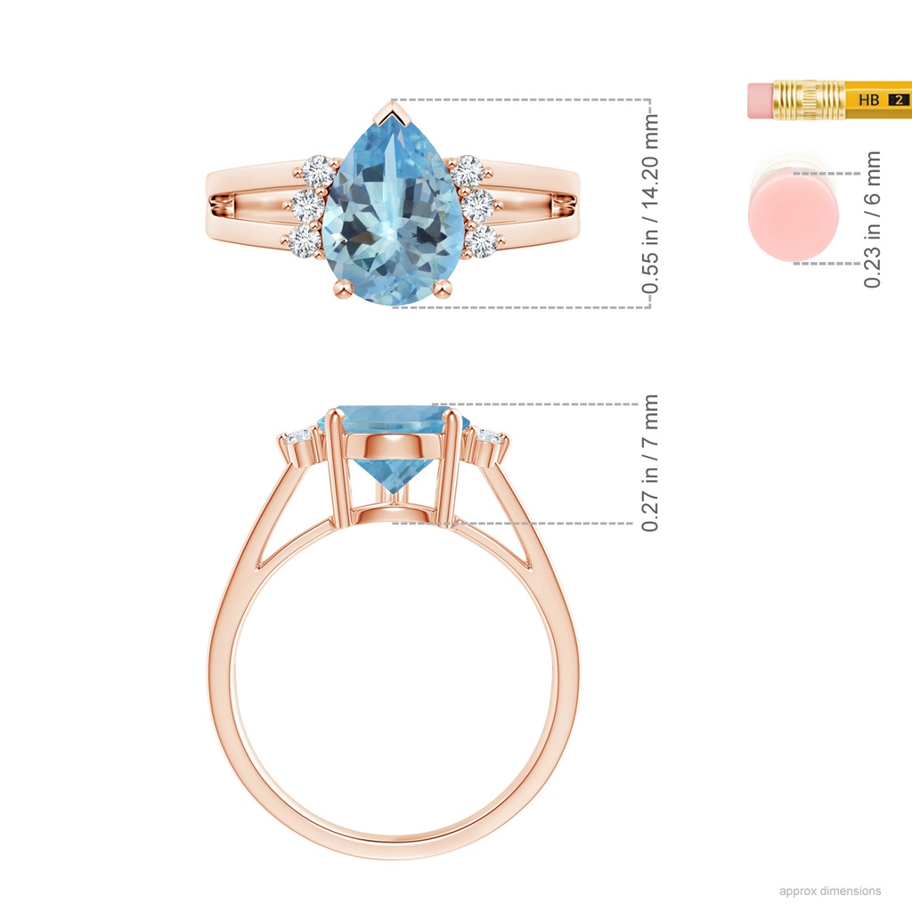 14.14x9.27x6.09mm AAA GIA Certified Aquamarine Ring with Triple Diamond Accents in 18K Rose Gold ruler