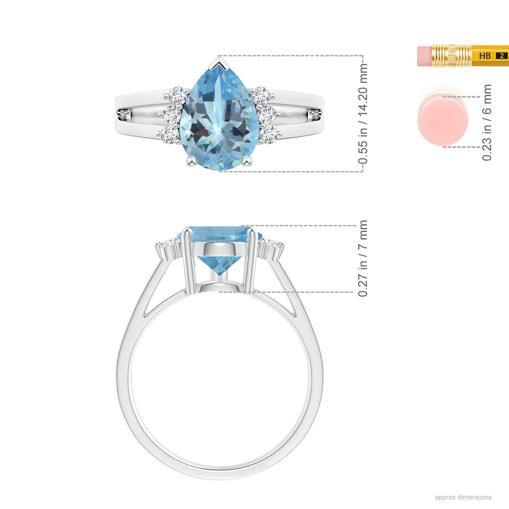 14.14x9.27x6.09mm AAA GIA Certified Aquamarine Ring with Triple Diamond Accents in White Gold ruler