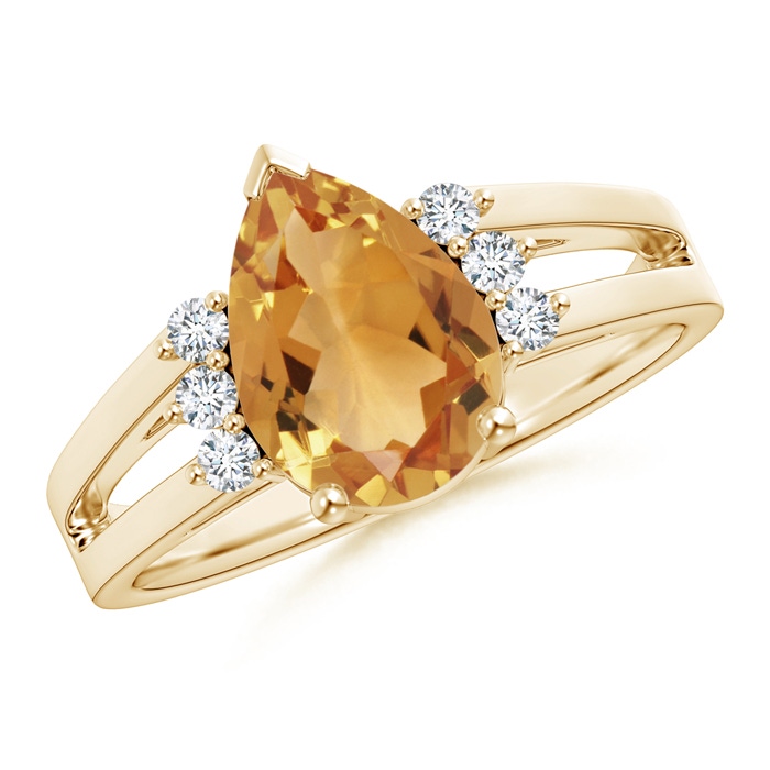 10x7mm A Pear Citrine Ring with Triple Diamond Accents in Yellow Gold 