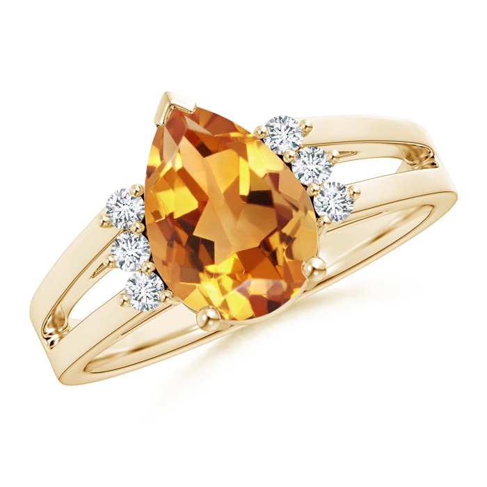 10x7mm AA Pear Citrine Ring with Triple Diamond Accents in Yellow Gold 