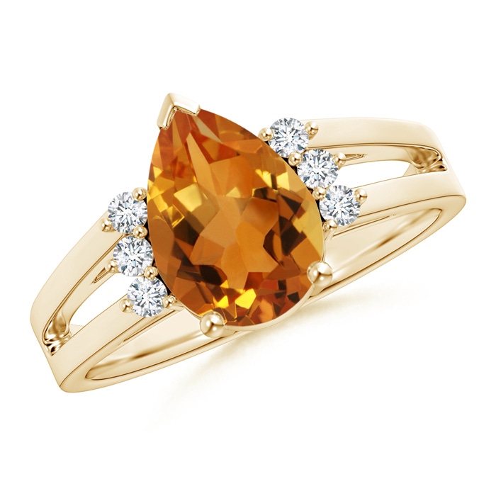 10x7mm AAA Pear Citrine Ring with Triple Diamond Accents in Yellow Gold 