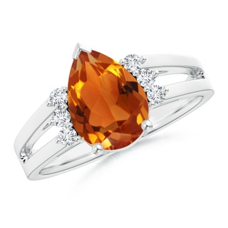 10x7mm AAAA Pear Citrine Ring with Triple Diamond Accents in P950 Platinum